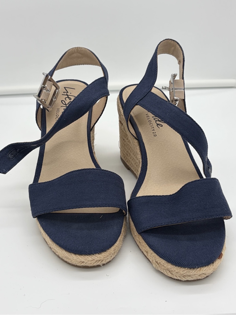 Life Stride Navy Fabric Wedge Sandals